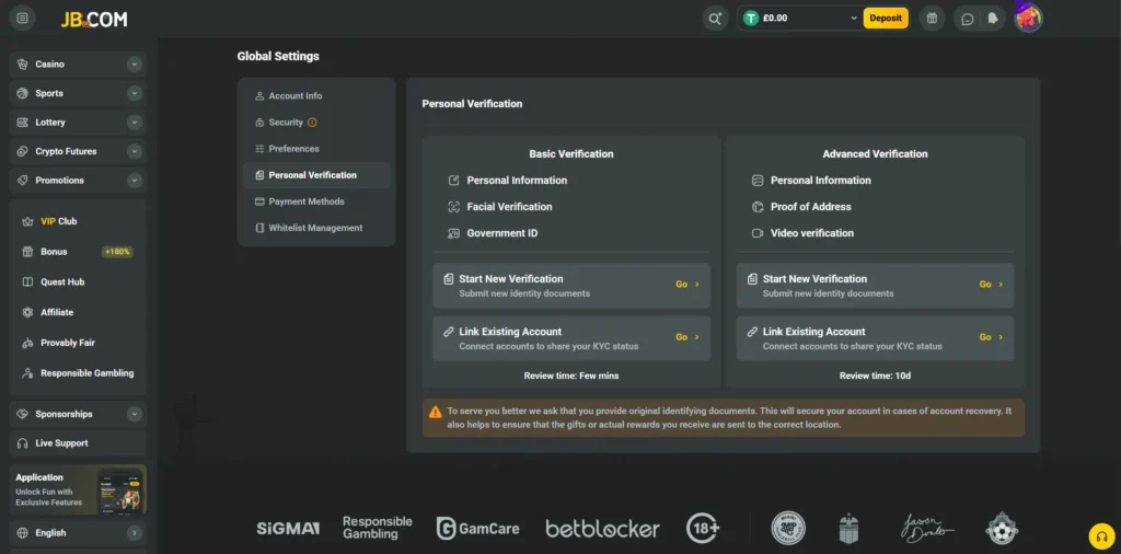 JB Casino verification process.